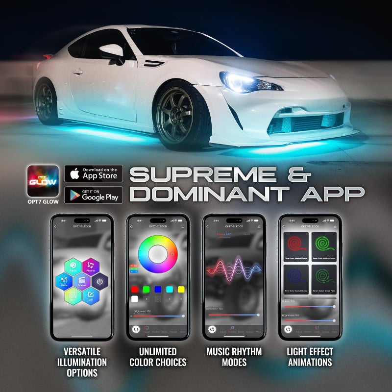 OPT7 Aura Flexible Underglow Car Lights with APP & Remote Control, Exterior Neon Accent Underbody Lighting Kit, 4 PCS RGB LED Light Strips for Cars Trucks RV, Waterproof, Multi Colors Music Mode, 12V - Image 3